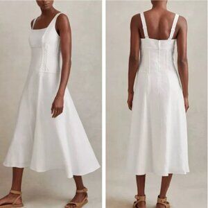 Reiss Etta Linen Sleeveless Corset Midi Dress White Size 10 NEW
